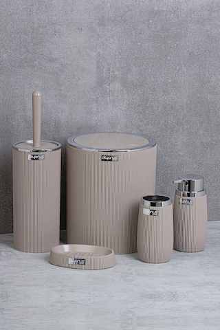 Okyanus Home Vizon Kromlu Çizgili Yuvarlak 5'Li Banyo Seti Vizon