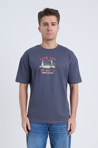 Velvoria Unisex Oversize Road Trip Baskılı Antrasit Renk T-shirt