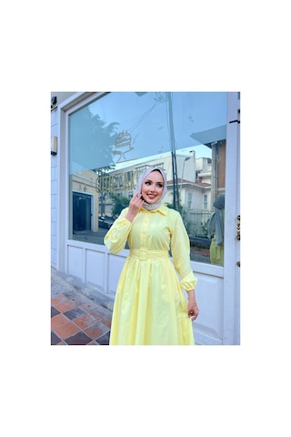 Riella Butik Gömlek Yakalı Tesettür Elbise-sarı