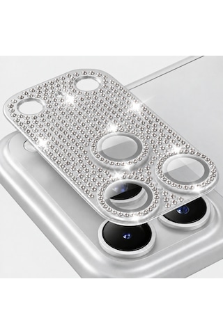 Apple iPhone 18 Pro Max Uyumlu Full Taşlı Ar Ve Af Özellikli Kamera Camı / Lensi Koruyucu Camı - Gümüş