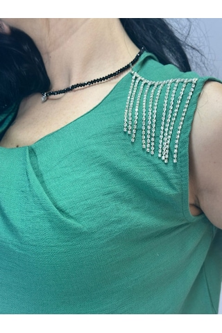 Gönülden Tasarım Zirkon Taş Püskül Apoletli Kadın Crop Bluz Yeşil