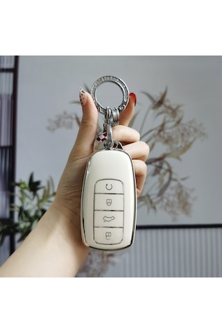 Hangfox Chery Anahtar Kılıfı H Tipi Akıllı 4 Tuşlu Süt Beyazı - Yüksek Kaliteli Materyal, Dayanıklı, Güneşinizi Kolaylaştırır Tek Set + Gümüş Zırh Kanca