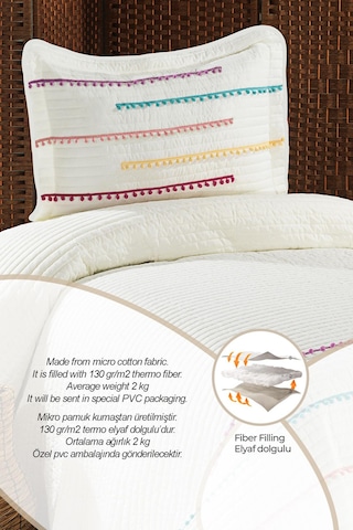 Evlen Home Nova Renkli Ponponlu %100 Pamuk Tek Kişilik Yatak Örtüsü Elyaf Dolgulu Pike Takımı Krem