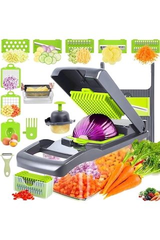 Gajeena Mutfakda Hızlı Kesim: 16 Fonksiyonlu Sebze Meyve Dilimleyici, Parçalıcı, Işınlayıcı Depolama Kutusuyla Temiz Ve Verimli Yeşil