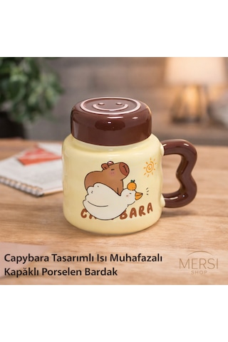 Capybara Tasarımlı Kapaklı Porselen Kupa Bardak Isı Muhafazalı Sevimli Kupa Kahverengi