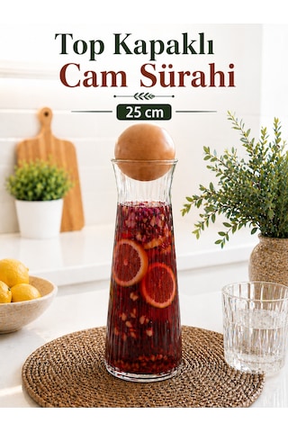 Top Kapaklı Pinterest Cam Sürahi - Dekoratif Karaf Borosilikat Limonata Meşrubat Şişesi Vazo