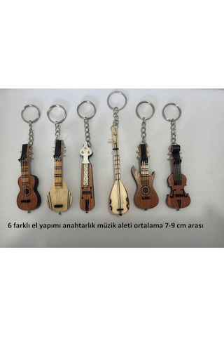 6 Adet Birden Ahşap El Yapımı Minyatür Anahtarlık Müzik Aleti Seti