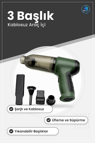 Şarjlı El Tipi Basınçlı Hava Üfleme Araç İçi Süpürge 3 Başlıklı O