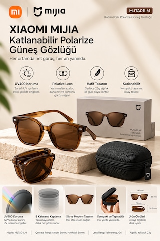 Mijia Katlanabilir Polarize Güneş Gözlüğü Uv400 8 Katmanlı Oar Kaplama Tac Lens Tr90 Amber Kahverengi Unisex Mjta01lm