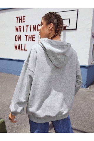 Passionate Baseball Sweatshirt - Gri Baskılı Oversize Kapüşonlu Gri