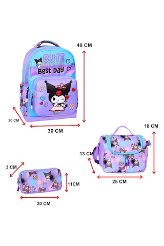 Kuromi Baskılı Lila, 3 Lü İlkokul Kız Çocuk Beslenmeli Ve Kalemli