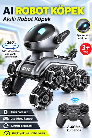 Exenar - Siyah - Uzaktan Kumandalı Akıllı Robot Köpek Oyuncak Jest Kontrollü Drift Yapan Işıklı Sesli Akrobatik Stunt Gümüş