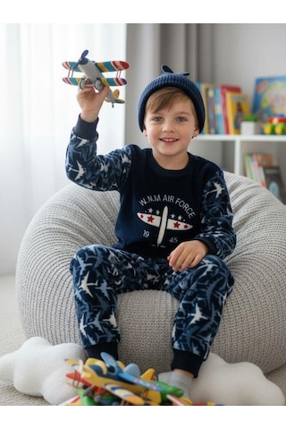 Zekids Erkek Çocuk Uçak Polar Desenli Pijama Takımı-16813 Lacivert