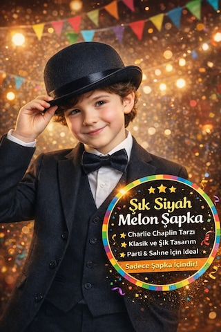 Charlie Chaplin Baston Ve Melon Şapka Seti 90 Cm Sihirbaz Parti Gösteri - 5 - 12 Yaş
