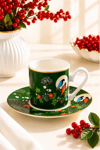 2 Kişilik Porselen Lovelybirds Kırmızı Yeşil Özel Tasarım Kahve Fincan Takımı Seti 90ml Kırmızı - Yeşil
