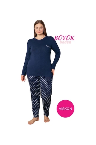 Kadın Bisiklet Yaka Düğmesiz Dökümlü Viskon Mevsimlik Uzun Kol Cepli Pijama Takımı Lacivert-beyaz