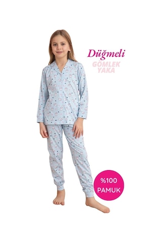 Kız Çocuk Gömlek Yaka Önden Düğmeli Pamuklu Mevsimlik Uzun Kol Pijama Takımı-dar Kalıp Mavi