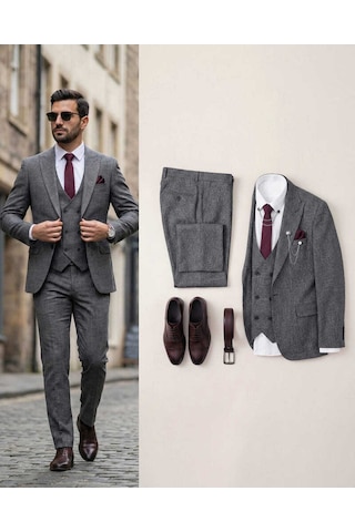 Beystil Sivri Yaka Gri Kırçıllı Takım Elbise Storm- Slim Fit Gri