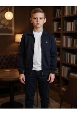 Zekids Erkek Çocuk T-shirt Kapüşonlu Hırkalı Üçlü Eşofman Takım-16355 Lacivert