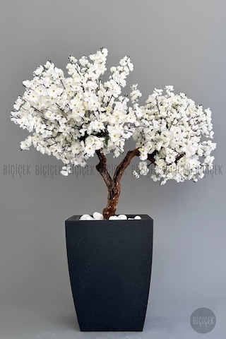 Biçiçek Yapay Beyaz Sakura Ağacı 100 Cm Bahar Dalı Antresi̇t Kare Saksıda