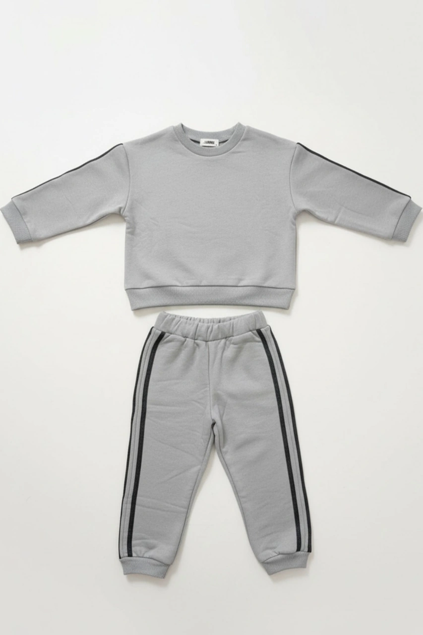 Erkek Çocuk Şeritli 3 İplik Gri Alt Üst Takım Gri - Siyah