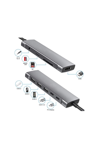 Ally 9 In1 Type C Hub 4K 30Hz Ethernet,Hdmi Usb 3.0,Sd,Pd Adapt-Gri