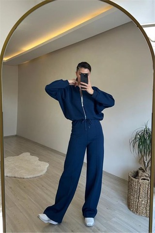 Neşeli Butik Kadın Fermuarlı Oversize Sweat Ve Yüksek Bel Eşofman Takımı Nm018 Lacivert