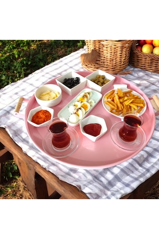 Ahşap Kulplu 51 Cm Açık Pembe Yuvarlak Metal Tepsi Kahvaltı Çay