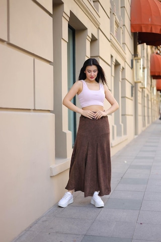 Eren Style Bohem Yıkamalı Parçalı Beli Lastikli Astarlı Uzun Koton Etek Kahverengi