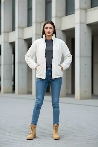 Kadın Oversize Peluş, Polar, Fermuarlı, Teddy Dik Yaka, Sıcak Tutucu Yumuşak Kışlık Ceket Beyaz