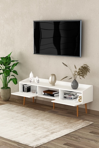 Asra Trend Tv Ünitesi Tv Sehpası T-28 %100 MDF Ayaklı Modern Medya Ünitesi Beyaz