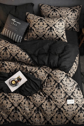 İqon Lastikli Çarşaflı Nevresim Takımı Çift Kişilik Damask Bej Siyah