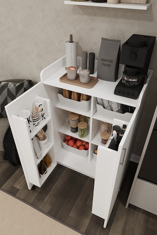 Asra Trend MK-08 %100 MDF 80x102 cm Çok Amaçlı Mutfak Kiler Dolabı Kapak İçi Raflı Kahve Köşesi Beyaz