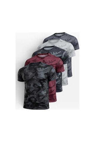 Serablanka 5'li Erkek Nem Emici Hızlı Kuruma Atletik Teknik Kamuflaj Desenli Spor T-shirt Siyah-bordo-lacivert-gri-füme