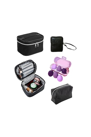 4'lü Makyaj Organizeri Kozmetik Çanta Seti & 3'lü Makyaj Süngeri - Siyah