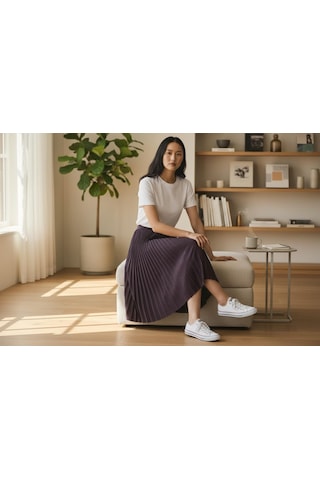 Pileli Pamuklu Dokuma Viskon Kışlık Etek 95 Cm - 38-48 Mürdüm