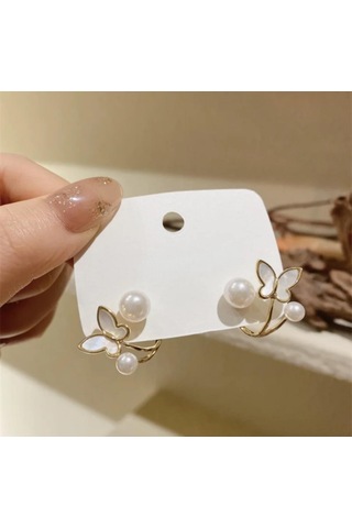 Zarif Ve Şık Kelebek Detaylı İnci Taşlı Altın Kaplama Antialerjik Çelik Küpe Altın