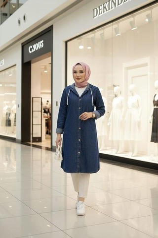 Hb Harma Time Butik Kadın Kapüşonlu, Düğmeli Ve Uzun Lacivert Kot Ceket