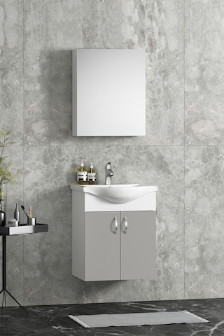 Yıldız 50 Cm Sis Gri Mdf Seramik Lavabolu Asma Banyo Dolabı Takım Beyaz-sis Gri
