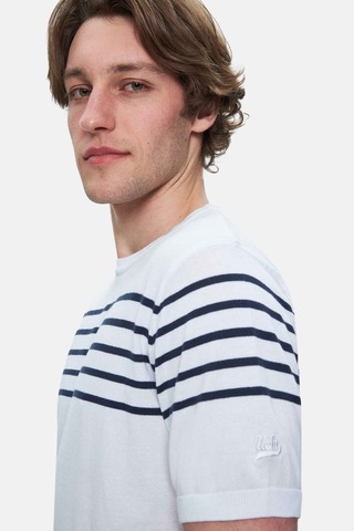 Kendrıck Beyaz Çizgili Bisiklet Yaka Triko Nakışlı Standard Fit Erkek Tshirt Beyaz