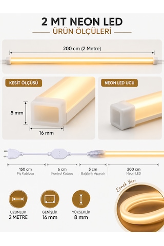 2 Metre 220volt Tak Çalıştır Gün Işığı Yüksek Performanslı 3200k Neon Led Fişli Trafo Gerektirmez Esnek Led Günışığı 3000-3200K