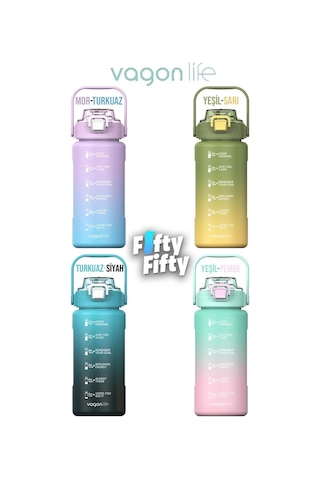 Vagonlife 1500ml Yenilenen Renkler Pipetli - Pipetsiz Kullanım Çift Renk Softtouch Motivasyon Matarası + Çıkartma 001