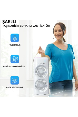 Robeve 2 Fanlı Vantilatör Buharlı Fan -şarjlı, Kompakt, Ayarlanabilir , Soğutucu Fan ,buharlı Nemlendirici, Eşsiz Tasarım, Hız Seçenekleri , Led Aydınlatma, Gece Lambası