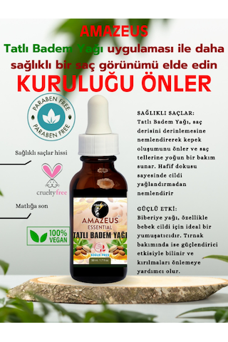 Amazeus Tatlı Badem Yağı %100 Saf Ve Doğal Besleyici Etki 50 Ml / 1.7 Fl Oz 20 ML