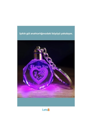 I Love You Kalp İçinde Gül Renk Değiştiren Kristal Anahtarlık 10 Cm Çok Renkli