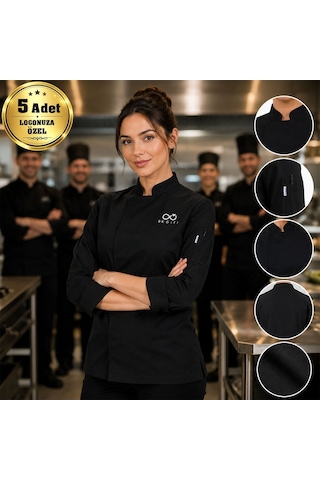 Logonuza Özel 5 Adet Siyah Kadın Şef Ceketi - Gabardin Kumaş Profesyonel Aşçı Ceketi Xxxxl