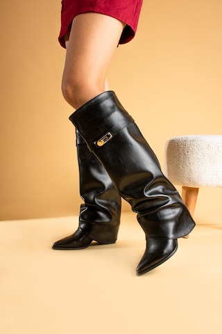 Shoetek Launya Kadın Çizme Körüklü Kemer Tokalı Siyah Deri Siyah
