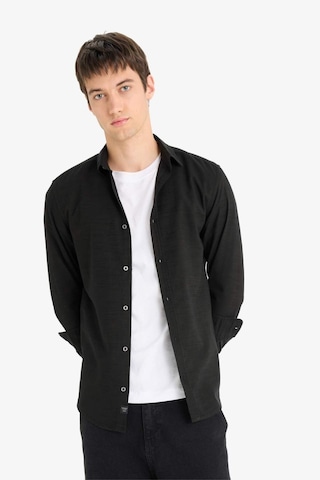 DeFacto Slim Fit Dar Kesim Pamuklu Basic Düz Uzun Kollu Siyah Gömlek A4644AX23AUBK81