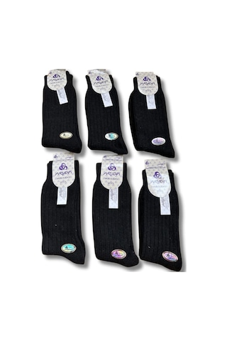 Erkek Saf Yün Kışlık Orta Kalınlıkta Dikişsiz 6 Çift Kendinden Çizgili Çorap Siyah