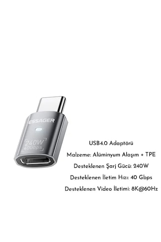 Essager Type-c Erkek To Type-c Dişi Adaptör 40gbps 8k+4k Usb 4.0 Ce Lisanslı Çevirici Dönüştürücü Adaptör